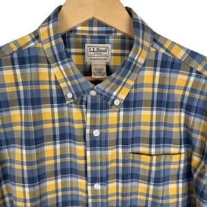 LL Bean Mens‎ L Plaid Oxford Cloth Button Down Shirt Traditional Fit Blue Yellow